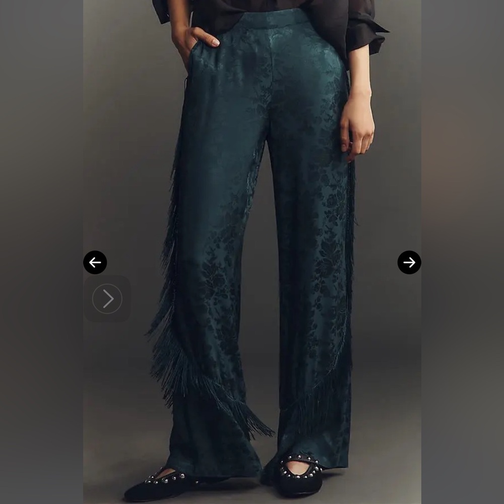 Anthropologie - Teal Jacquard Patterned Fringe Wide-Leg Trouser Pants - 14